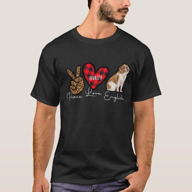 English Bulldog Plaid Peace Love Cute Dog T-Shirt (Front)