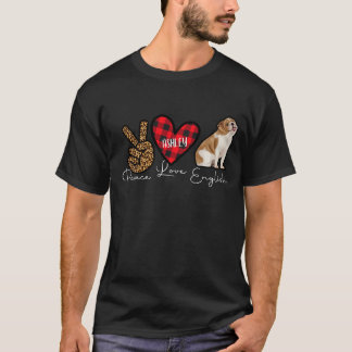English Bulldog Plaid Peace Love Cute Dog T-Shirt