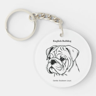 English Bulldog Portrait Black Line Illustration Key Ring
