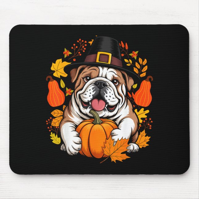 English Bulldog Pumpkin Leaf Thanksgiving Fall Mouse Pad (Front)