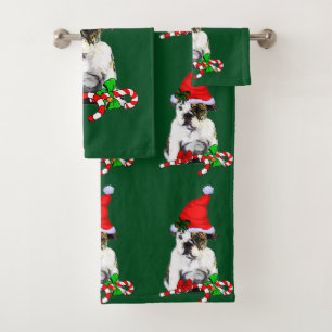 English Bulldog Puppy Christmas Bath Towel Set