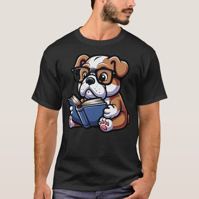 English Bulldog Reading Funny Dog Book Lover T-Shirt (Front)