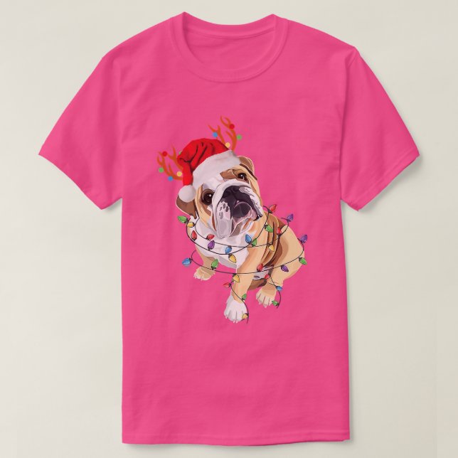 English Bulldog Reindeer Santa Hat Christmas Light T-Shirt (Design Front)