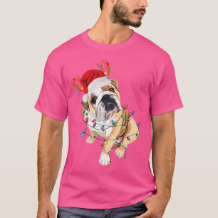 English Bulldog Reindeer Santa Hat Christmas Light T-Shirt