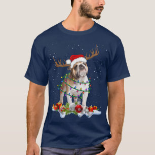 English Bulldog Reindeer Santa Hat Christmas Light T-Shirt