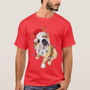 English Bulldog Reindeer Santa Hat Christmas Light T-Shirt