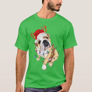 English Bulldog Reindeer Santa Hat Christmas Light T-Shirt