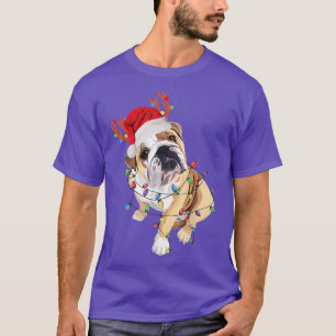 English Bulldog Reindeer Santa Hat Christmas Light T-Shirt