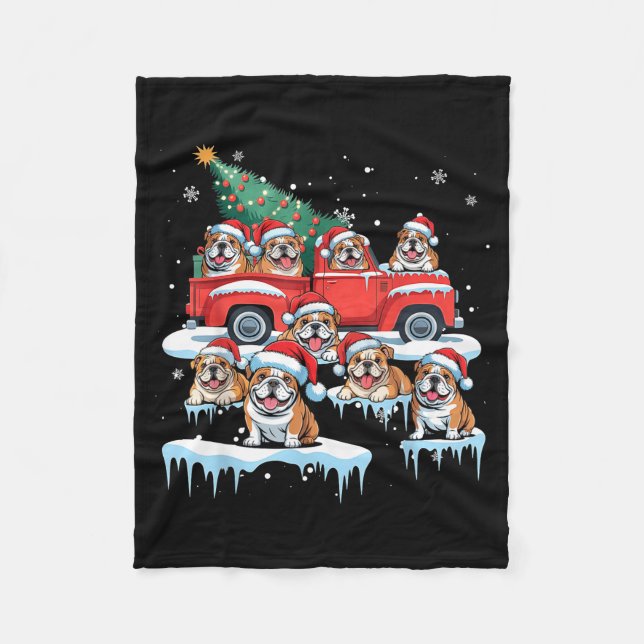 English Bulldog Riding Red Truck Ugly Sweater Chri Fleece Blanket (Front)