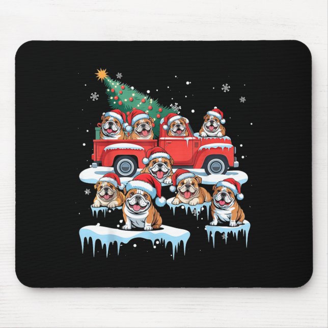 English Bulldog Riding Red Truck Ugly Sweater Chri Mouse Pad (Front)