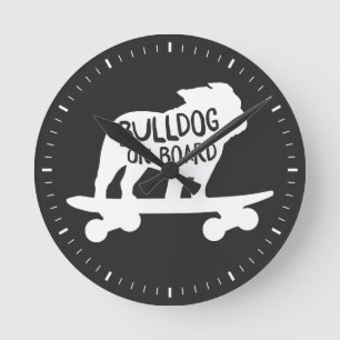 English Bulldog Riding Skateboard Bulldog on Board Round Clock