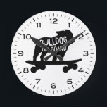 English Bulldog Riding Skateboard Bulldog on Board Round Clock<br><div class="desc">An original wall clock for the home or office. Makes a cool gift for Bulldog lovers! Check out Jenn’s Doodle World for even more decorative clocks and dog breed themed home decor.</div>