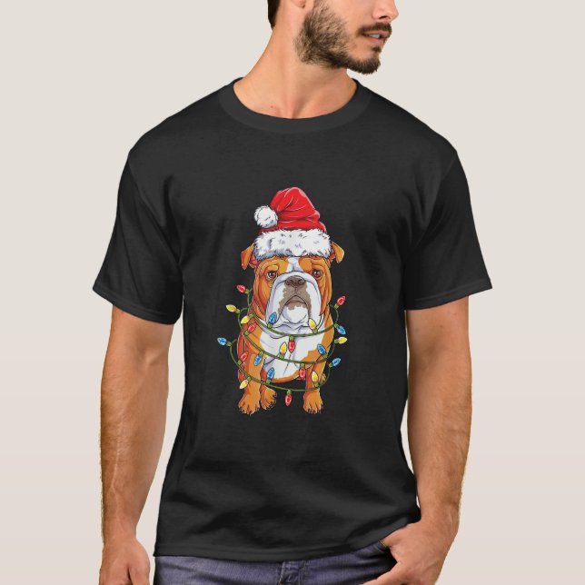 English Bulldog Santa Christmas Tree Lights Xmas G T-Shirt (Front)