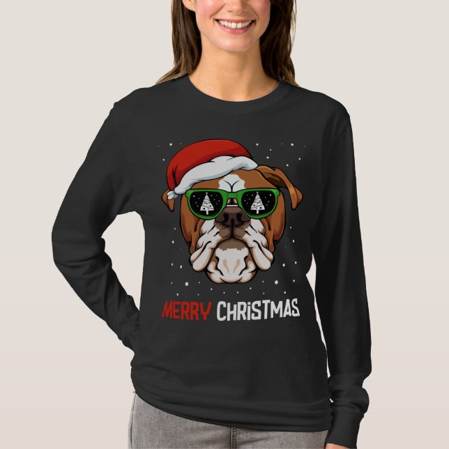 English Bulldog Santa Hat Christmas Pajama Dog X-M T-Shirt (Front)