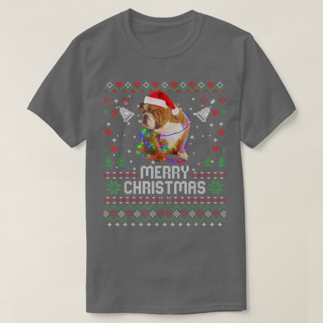 English Bulldog Santa Hat Dog Christmas Tree Light T-Shirt (Design Front)