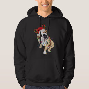 English Bulldog Santa Hat Reindeer Christmas Light Hoodie