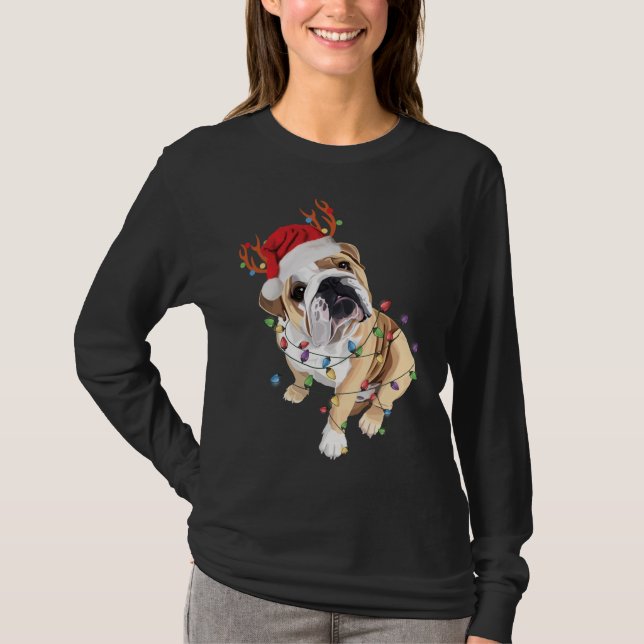 English Bulldog Santa Hat Reindeer Christmas Light T-Shirt (Front)