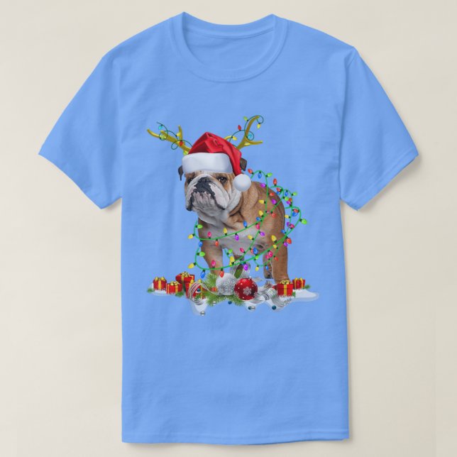 English Bulldog Santa Hat Reindeer Christmas Light T-Shirt (Design Front)