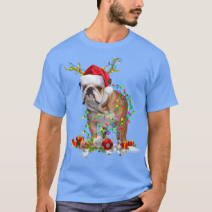 English Bulldog Santa Hat Reindeer Christmas Light T-Shirt