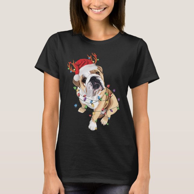 English Bulldog Santa Hat Reindeer Christmas Light T-Shirt (Front)