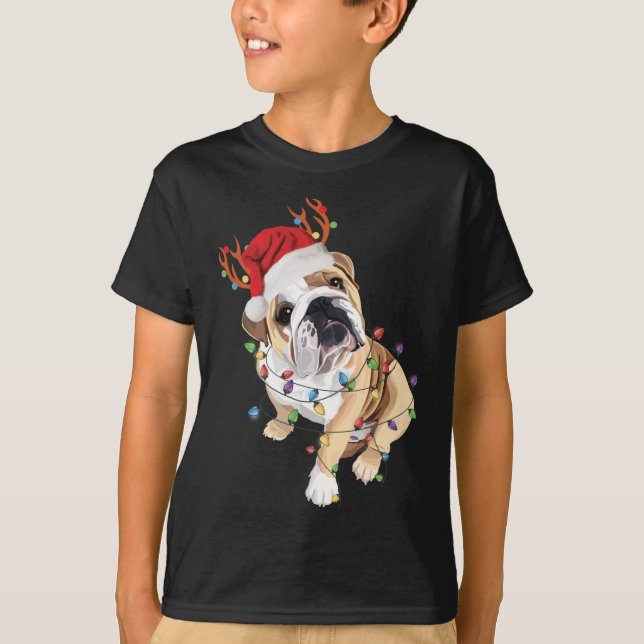 English Bulldog Santa Hat Reindeer Christmas Light T-Shirt (Front)