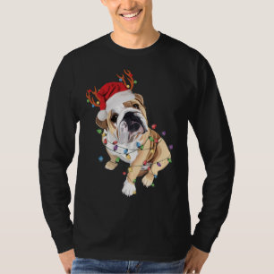 English Bulldog Santa Hat Reindeer Christmas Light T-Shirt