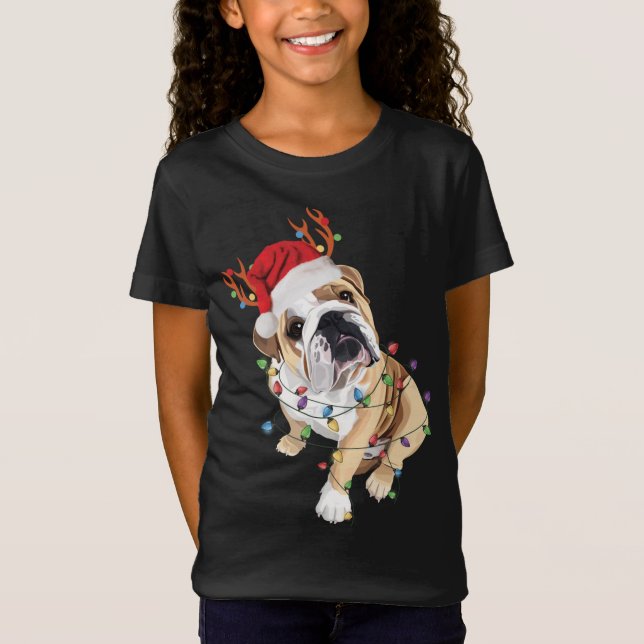 English Bulldog Santa Hat Reindeer Christmas Light T-Shirt (Front)