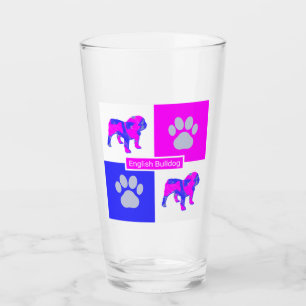 English Bulldog Silhouette Dog & Paw Pink / Blue Glass