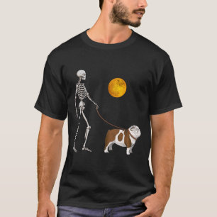 English Bulldog Skeleton Dog Walking Halloween T-Shirt