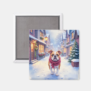 English Bulldog Snowy Christmas Village Holiday Magnet