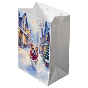 English Bulldog Snowy Christmas Village Holiday Medium Gift Bag