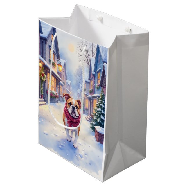 English Bulldog Snowy Christmas Village Holiday Medium Gift Bag (Front Angled)