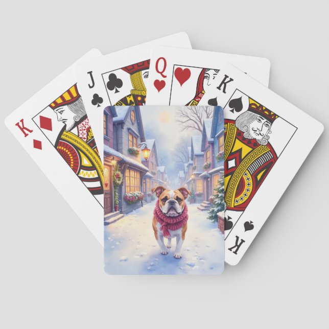 English Bulldog Snowy Christmas Village Holiday Playing Cards (Back)