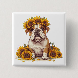 English Bulldog Sunflower Crown 15 Cm Square Badge