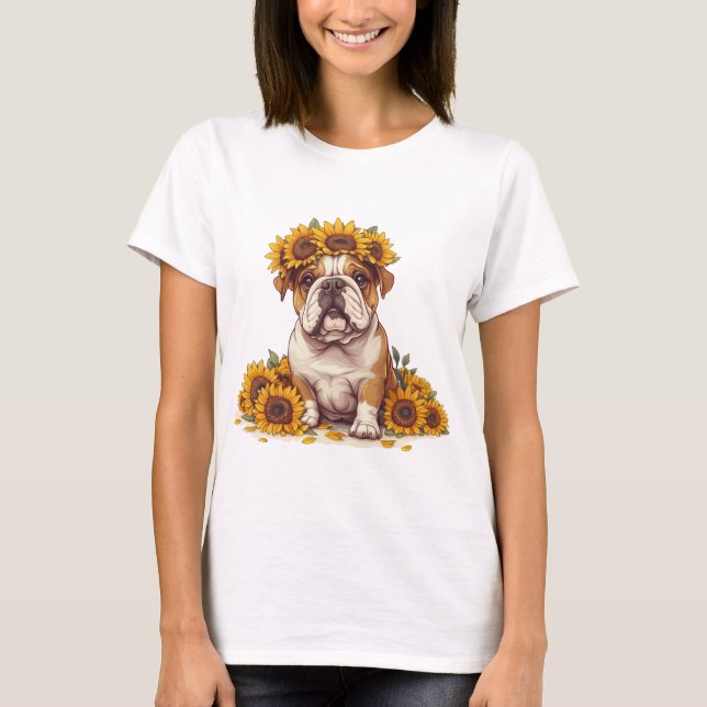 English Bulldog Sunflower Crown T-Shirt (Front)