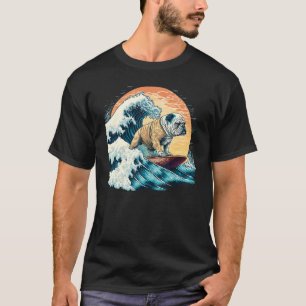 English Bulldog Surfing On the Great Wave of Kanag T-Shirt