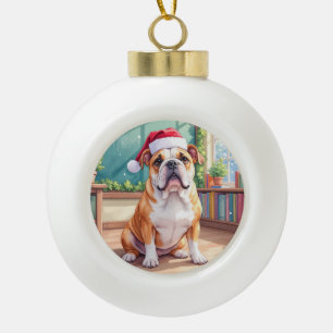 English Bulldog Teacher Classroom Santa Hat Ceramic Ball Christmas Ornament