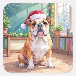 English Bulldog Teacher Classroom Santa Hat Square Sticker