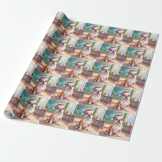 English Bulldog Teacher Classroom Santa Hat Wrapping Paper (Unrolled)