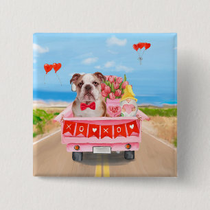 English Bulldog Valentine's Day Truck Hearts 15 Cm Square Badge