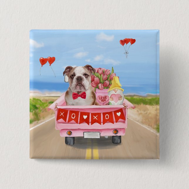 English Bulldog Valentine's Day Truck Hearts 15 Cm Square Badge (Front)