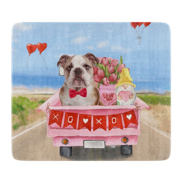 English Bulldog Valentine's Day Truck Hearts Cutting Board (Front)