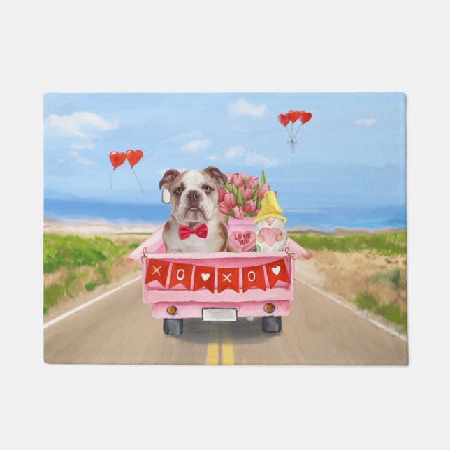 English Bulldog Valentine's Day Truck Hearts Doormat (Front)