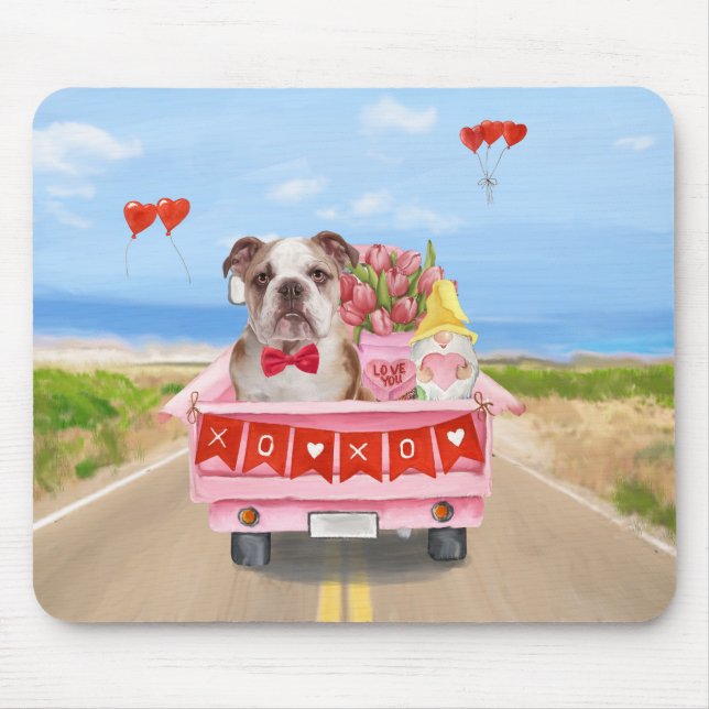 English Bulldog Valentine's Day Truck Hearts Mouse Pad (Front)