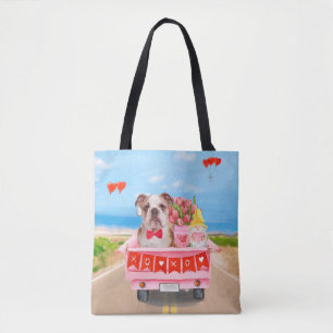 English Bulldog Valentine's Day Truck Hearts Tote Bag