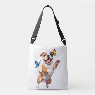 English Bulldog Vector Playing Butterfly Fun Love Crossbody Bag