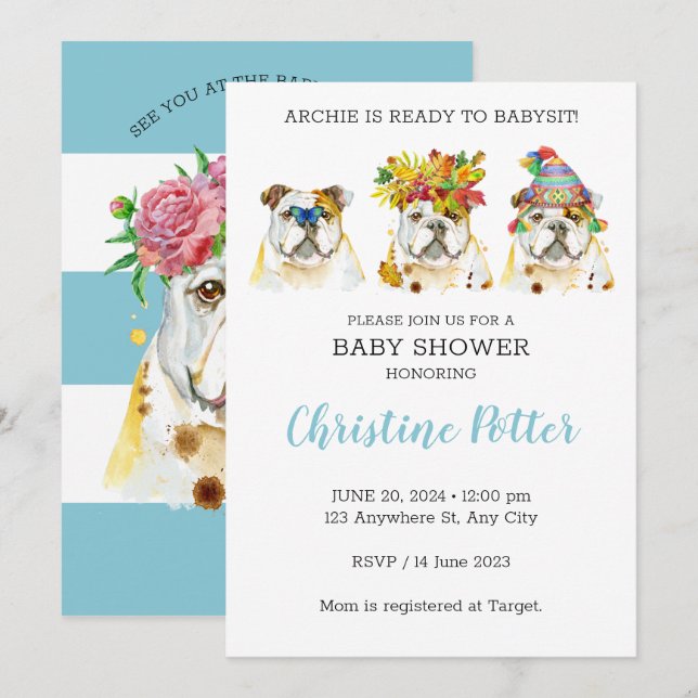 English Bulldog Watercolor Baby Shower Invitation (Front/Back)