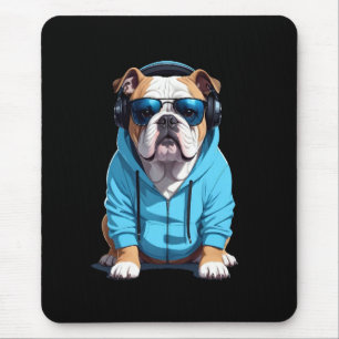 English Bulldog Wearing Hoodie Funny Cool Music Mouse Pad