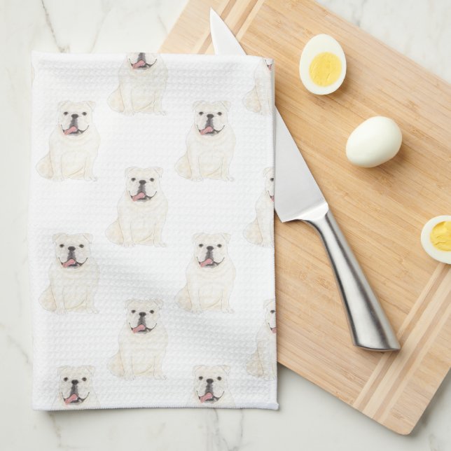 English Bulldog (White) Tea Towel (Quarter Fold)