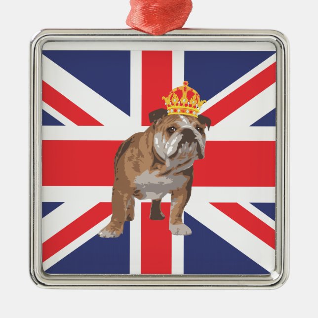 English Bulldog with Crown and Union Jack Metal Tree Decoration (Front)
